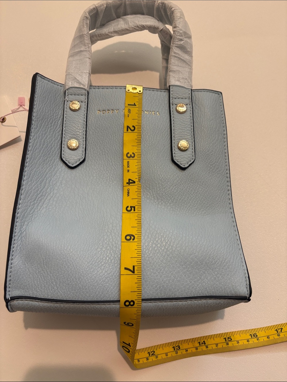 Poppy & Peonies Light Blue Leather Mini Tote with Gold Hardware - Picture 4 of 10